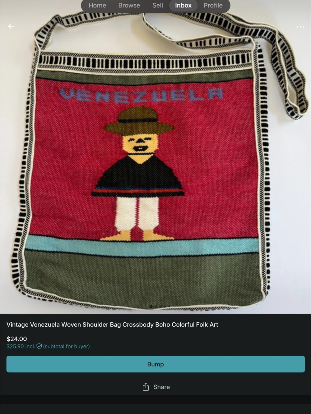 Vintage Venezuela Woven Boho Shoulder Crossbody Bag Folk Art